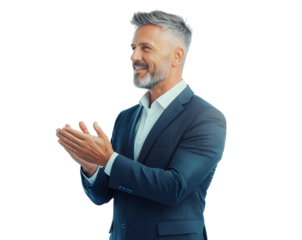 A realistic half-body shot of a businessman clapping hands, celebratory expression, business suit isolated on transparency background PNG