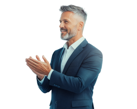 A realistic half-body shot of a businessman clapping hands, celebratory expression, business suit isolated on transparency background PNG - Powered by Adobe