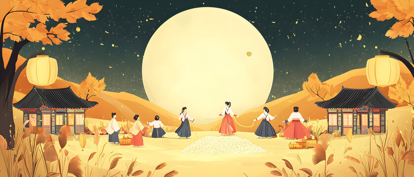 A flat vector illustration of a 추석 (Chuseok) celebration, full moon in the background, traditional Korean elements like lanterns and rice offerings, hanbok-clad figures, autumn landscape with golden