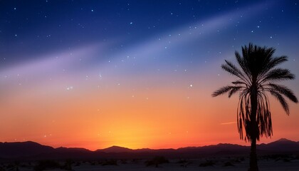 Fototapeta premium 砂漠のオアシスに沈む美しい夕日