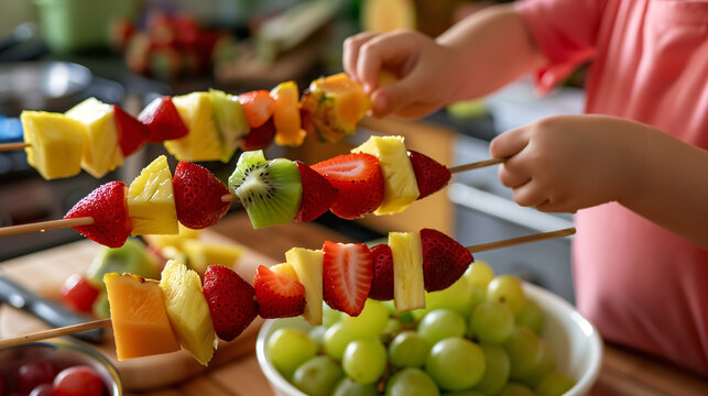 fruit kabobs being assembled by small hands, with a variety of fresh fruits like strawberries, grapes, and pineapple chunks on skewers. The background features a cheerful kitchen setting with a bowl o
