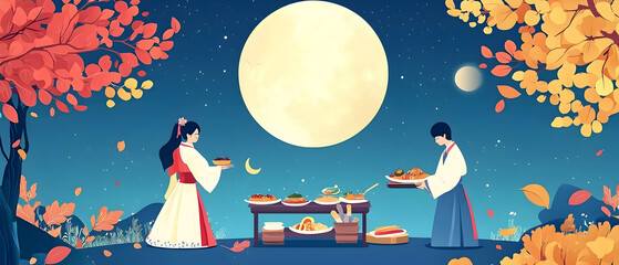 Naklejka premium A flat vector illustration of a 추석 (Chuseok) festival scene, full moon in a deep blue sky, hanbok and traditional foods, serene background with autumn colors, elegant patterns