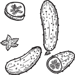 Engraved cucumbers hand drawing isolated on white background.