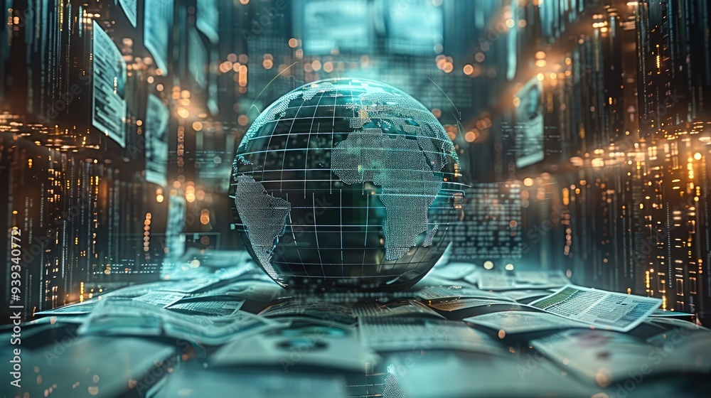 Poster abstract image of a digital globe surrounded by policy documents, concept of global economic governa