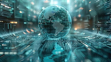 Abstract image of a digital globe surrounded by policy documents, concept of global economic governance. Generative AI.