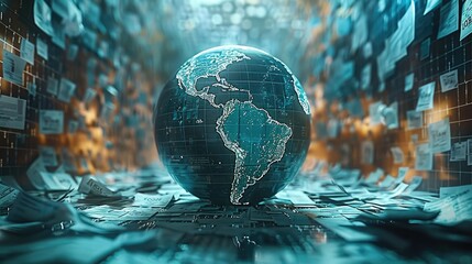 Abstract image of a digital globe surrounded by policy documents, concept of global economic governance. Generative AI.