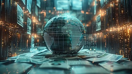 Abstract image of a digital globe surrounded by policy documents, concept of global economic governance. Generative AI.
