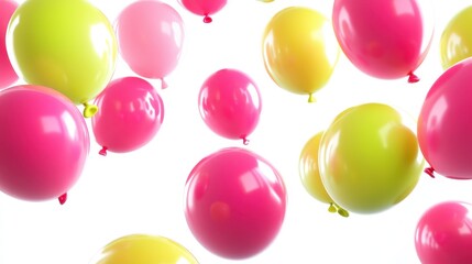 Colorful balloons in pink and yellow floating against a white background.