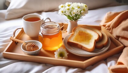 warm image of a cozy breakfast in bed setup, featuring a tray with honey, toast, tea, and flowers - national honey month