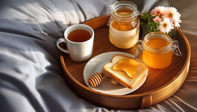 warm image of a cozy breakfast in bed setup, featuring a tray with honey, toast, tea, and flowers - national honey month