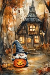 Cute adorable gnome with witch hat and jack-o-lantern, Halloween children's illustration