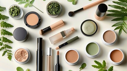 An eco-friendly makeup collection with products, sustainable packaging. top view. Generative AI.