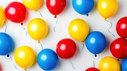 Colorful balloons in red, yellow, and blue arranged on a white background.