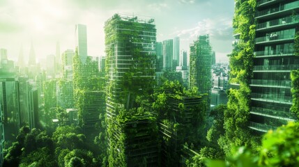 Futuristic green cityscape with tall skyscrapers covered in lush vegetation under a bright, hazy sky symbolizing urban sustainability and ecology.