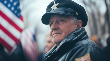 A proud veteran gazes thoughtfully while surrounded by fellow service members and flags