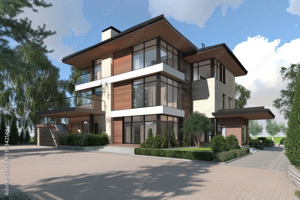 Poster A beautiful contemporary house with large windows and an elegant brick facade. Surrounded by lush greenery, this home combines modern design with natural beauty.