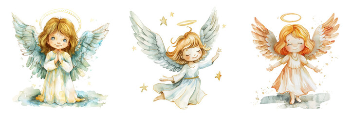 Cute baby angel with wings and halos in png watercolor style. Babies in the image of an angel on a transparent background. Conception of Christmas and other Christian holidays.