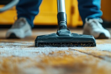 The head of a vacuum cleaner sweeping across a wooden floor, capturing dust and dirt particles while ensuring the floor remains spotless and gleaming.