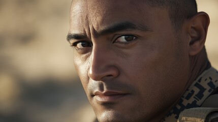 A proud Hispanic veteran gazes thoughtfully, embodying the spirit of service and dedication