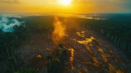 aerial splitscreen image contrasting lush rainforest with deforested area dramatic perspective highlights environmental impact showcasing dense canopy alongside barren logged landscape