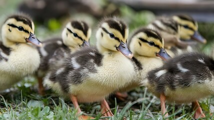 Closeup of the fluffy yellow ducklings on the grassy ground