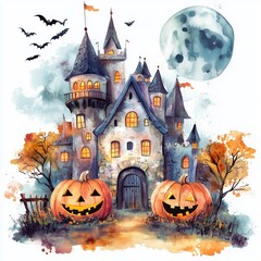 Fototapeta premium Ancient castle with bats and jack-o-lantern, children's illustration for Halloween