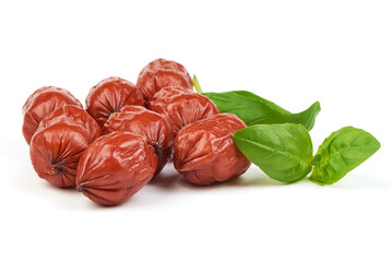 Mini Sausages, Dry Smoked Salami, isolated on white background.