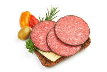 Peppered salami slices, isolated on white background.