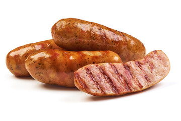 Grilled bavarian sausages, isolated on white background.