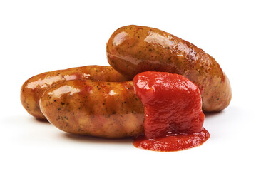 Grilled pork bangers, cooked sausages bbq, isolated on white background.