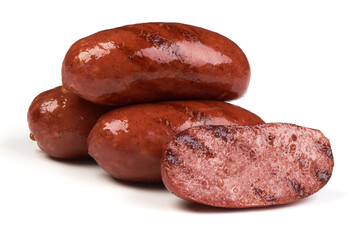 Grilled bavarian sausages, isolated on white background.