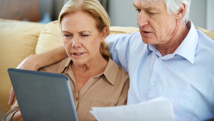 Old couple, paper and tablet for finance in home, planning and asset management in retirement. Senior people, banking website and review savings account, talking and documents for tax application