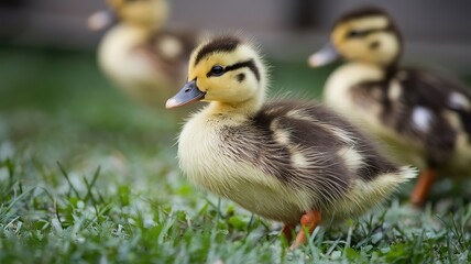 Closeup of the fluffy yellow ducklings on the grassy ground