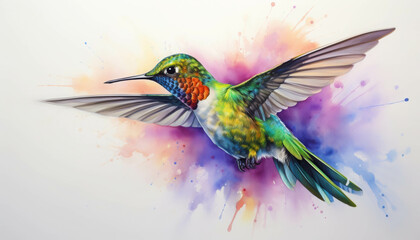 Hummingbird in Watercolor Splendor: A vibrant hummingbird frozen in flight, wings outstretched against a backdrop of colorful watercolor splashes. 