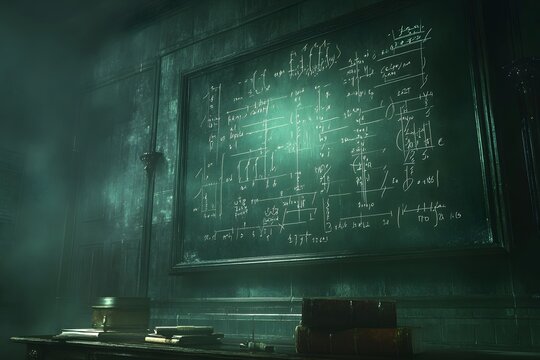 Forbidden Knowledge: An eerie, dimly lit study, its chalkboard covered in cryptic equations, hinting at secrets best left undiscovered. 
