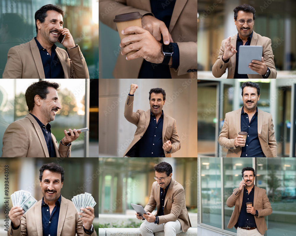 Aufkleber a man is seen participating in multiple activities outside an office building. he is laughing while 