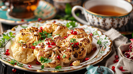 Fototapeta premium a plate of roasted cauliflower steaks, drizzled with a tahini sauce and garnished with pomegranate seeds, served with a side of herbal tea in a delicate teacup