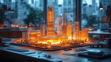 architects workspace with illuminated city model blueprints and hightech tools futuristic urban planning concept