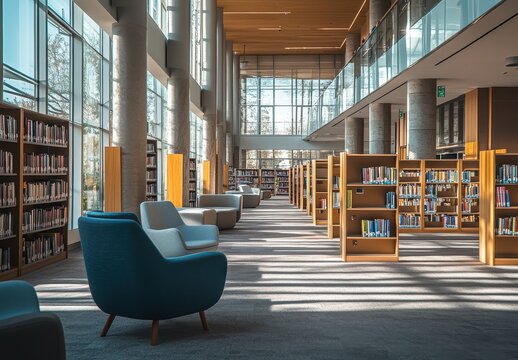 Modern Library Interior with Bookshelves and Chairs