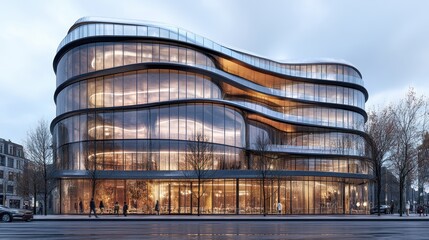 Modern Curved Glass Building with Illuminated Interiors at Dusk in Urban Setting