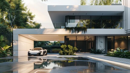 A sleek and stylish modern house featuring a luxury sports car parked outside, with a large glass...