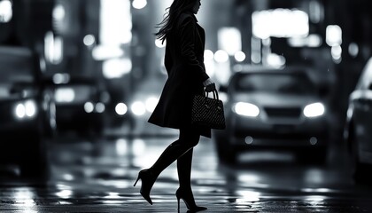 Silhouette of a woman walking in the city at night.