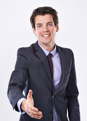 Businessman, portrait and happy in studio with hand shake for corporate deal, greeting and agreement. Male person, entrepreneur and smile or proud with confidence for opportunity and congratulation