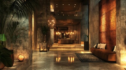 Naklejka premium Luxurious modern hotel lobby interior with warm lighting, lush decor, and elegant design elements creating an inviting atmosphere.
