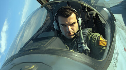 Close-up of fighter pilot in cockpit during flight operation