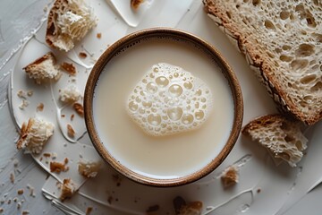 Bowl of Milk with Bread Crumbs. A top-down view of a brown bowl filled with milk, surrounded by scattered bread crumbs on a white surface. The milk has a layer of foam on top, and the image captures.