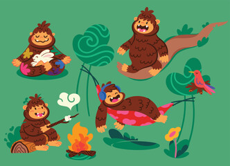 Brown Sasquatches in the forest, set of cartoon characters.