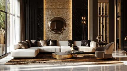 Luxurious modern living room with stylish furniture, sophisticated decor, and large windows bringing in natural light, creating an elegant ambiance.