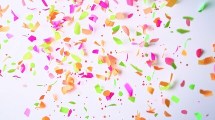 Colorful confetti scattered on a white background, perfect for celebrations and festivities.