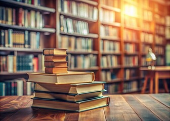 Neatly organized stack of vintage books stands against a blurred library background, surrounded by calm atmosphere, with additional books scattered on a wooden table nearby.